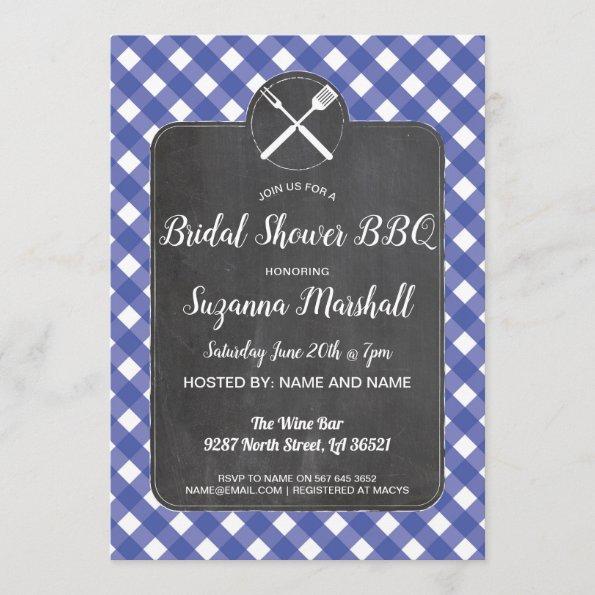 Bridal Shower BBQ Invite Blue Gingham Chalk