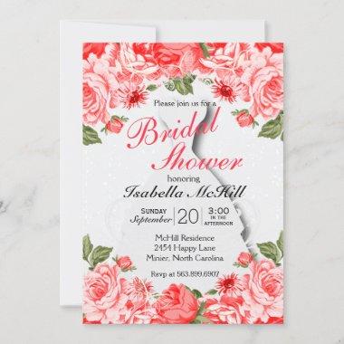 Bridal Shower - Beautiful Red Botanical Flowers Invitations