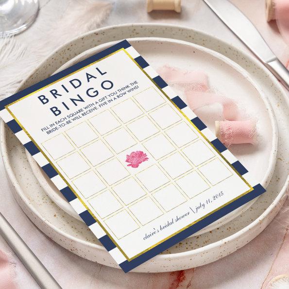 Bridal Shower Bingo Game Invitations | Navy Stripe Peony