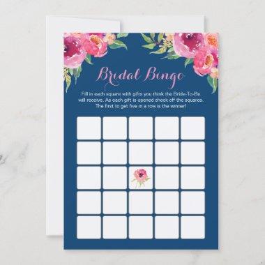 Bridal Shower Bingo Game Pink Floral Navy Blue