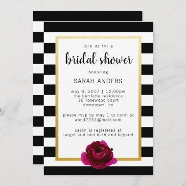 Bridal Shower Black and White Stripe Faux Gold Invitations