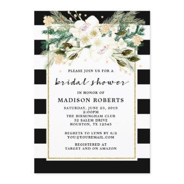 Bridal Shower Black and White Stripes Flowers Invitations