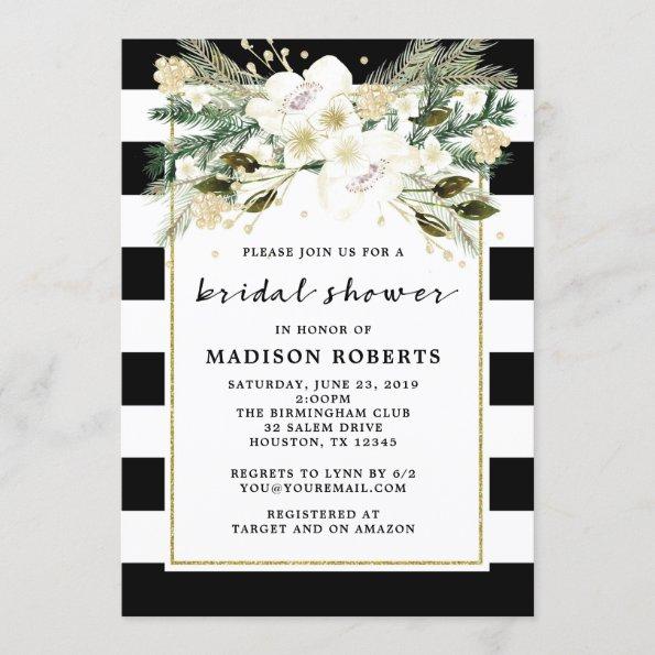 Bridal Shower Black and White Stripes Flowers Invitations