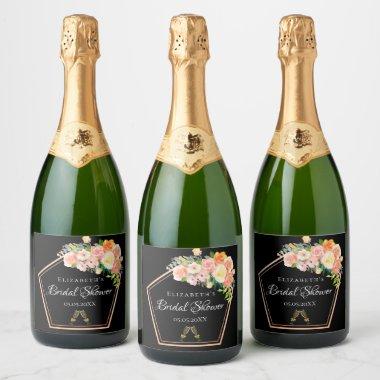 Bridal Shower black blush floral geometric Sparkling Wine Label