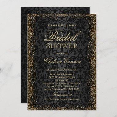 Bridal Shower - Black Damask and Gold Confetti Invitations