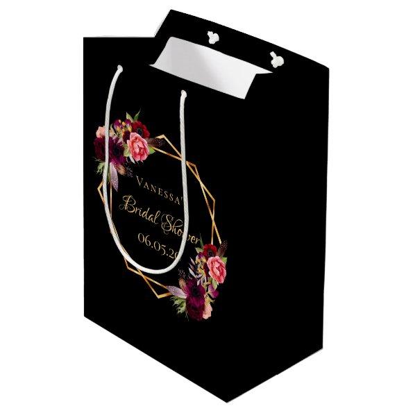 Bridal Shower black gold florals burgundy Medium Gift Bag