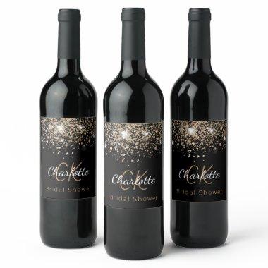 black gold glitter monogram initials Wine Label