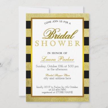 Bridal Shower Black Gold Striped Glitter Classic Invitations