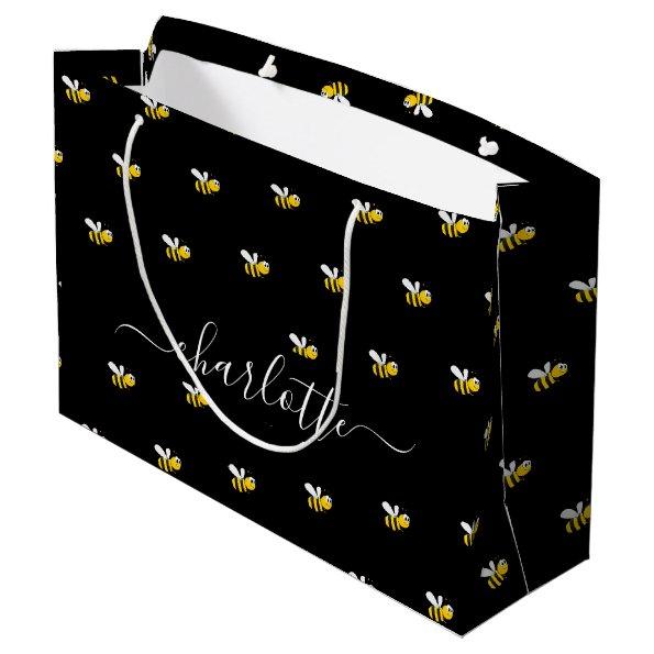 Bridal shower black happy bumble bees monogram large gift bag