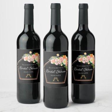 Bridal Shower black pink floral geometric Wine Label