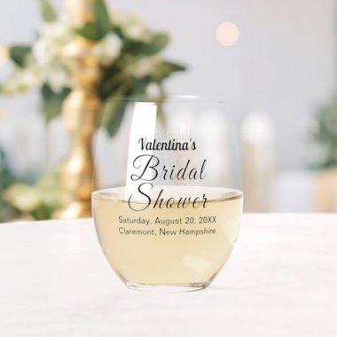 Bridal Shower Black Texts on Stemless Wine Glass