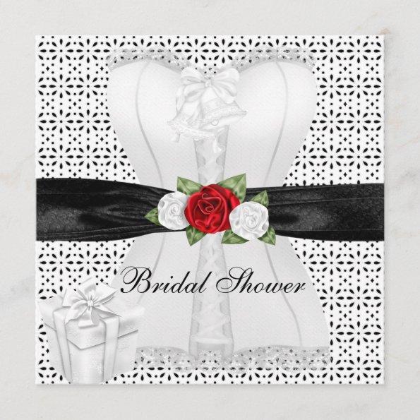 Bridal Shower Black White Corset Red Roses Flower Invitations