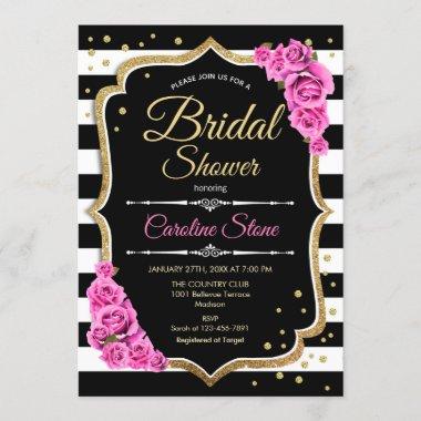 Bridal Shower - Black White Stripes and Pink Roses Invitations