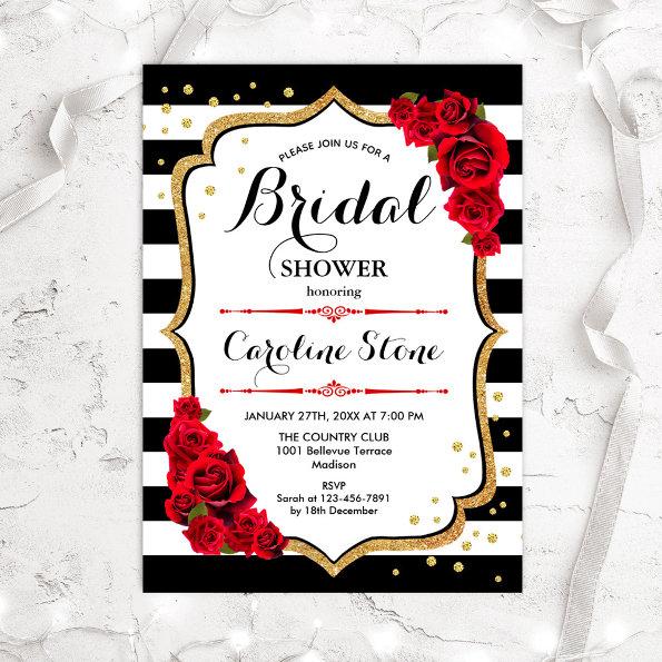 Bridal Shower - Black White Stripes Gold Red Roses Invitations