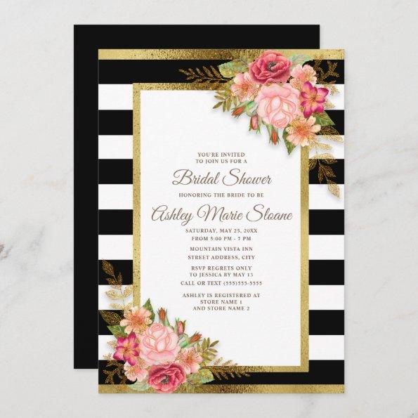 Bridal Shower Black White Stripes Pink Floral Gold Invitations