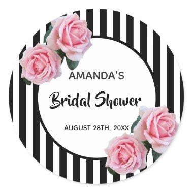 Bridal Shower black white stripes pink flowers Classic Round Sticker