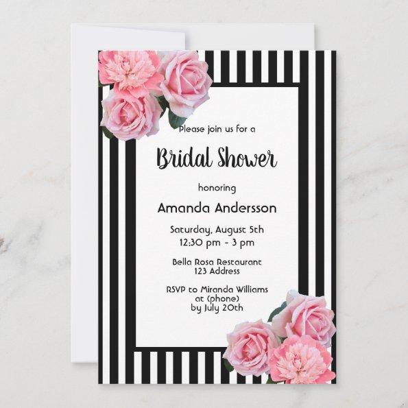 Bridal Shower black white stripes pink flowers Invitations