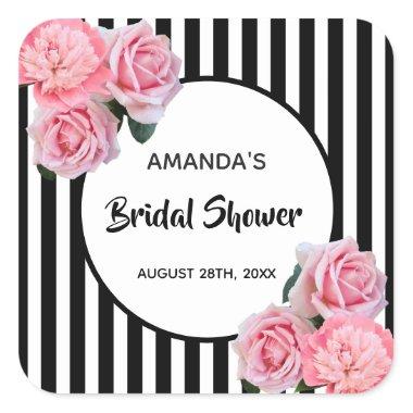 Bridal Shower black white stripes pink flowers Square Sticker