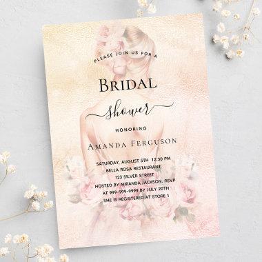 Bridal shower blonde bride rose gold blush invitation postInvitations