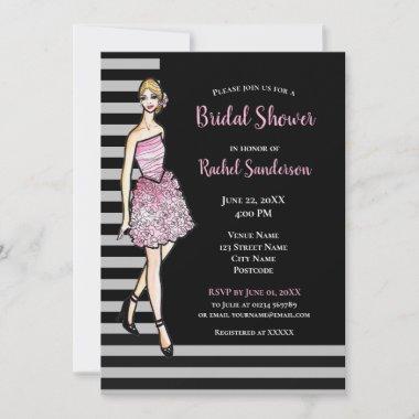 Bridal Shower Blonde Girl with Pink Roses Dress Invitations