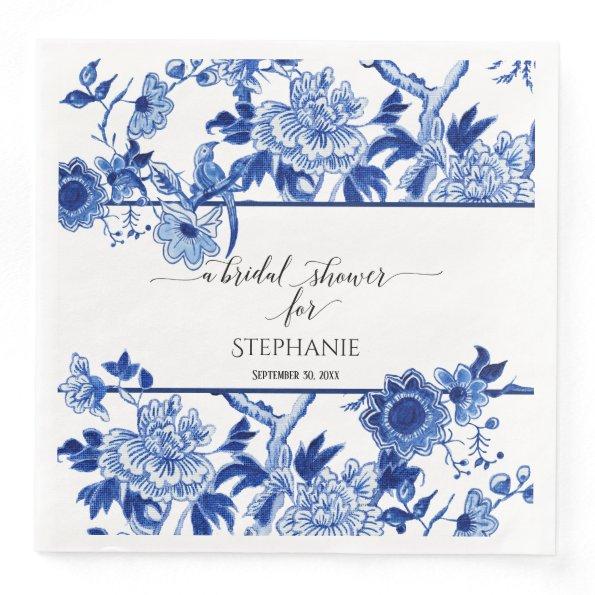 Bridal Shower Blue Chinoiserie Floral Watercolor Paper Dinner Napkins