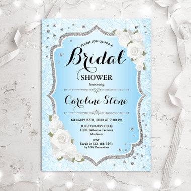 Bridal Shower - Blue Silver White Roses Invitations