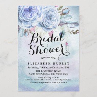 Bridal Shower Blue Watercolor Boho Floral Feathers Invitations