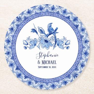 Bridal Shower Blue White Chinoiserie Bird Floral Round Paper Coaster