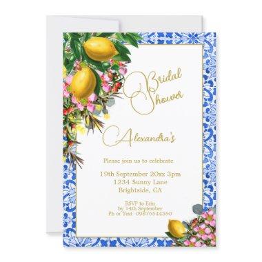 Blue White Tile Lemons Floral