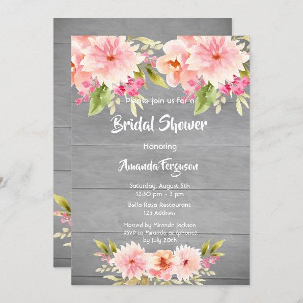 Bridal Shower blush florals gray wood Invitations