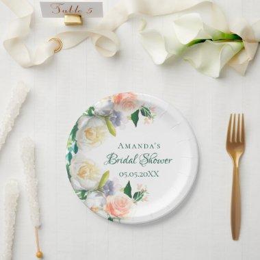 Bridal Shower blush pink florals elegant name Paper Plates
