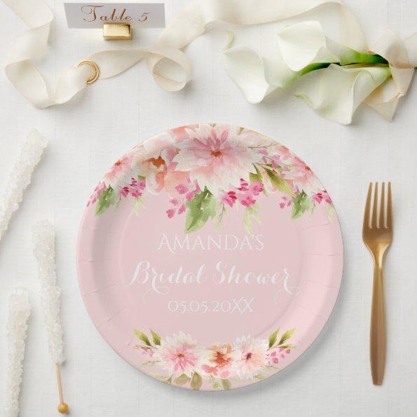 Bridal shower blush pink flowers paper plates
