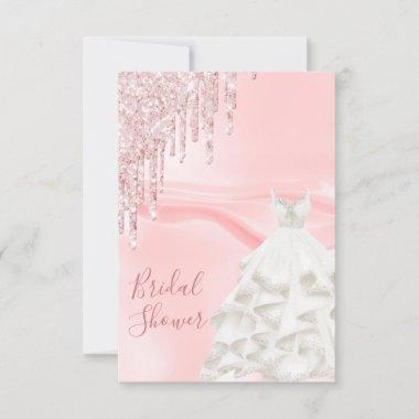 Bridal shower blush pink glitter white dress Invitations