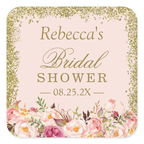 Bridal Shower Blush Pink Gold Glitters Floral Square Sticker