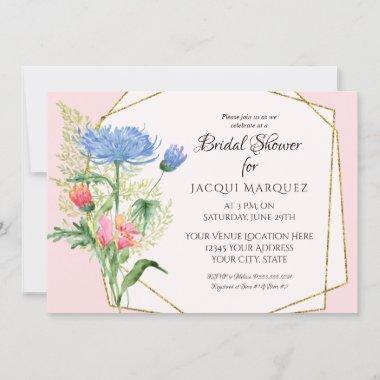 Bridal Shower Blush Pink n Blue Ferns n Floral Art Invitations