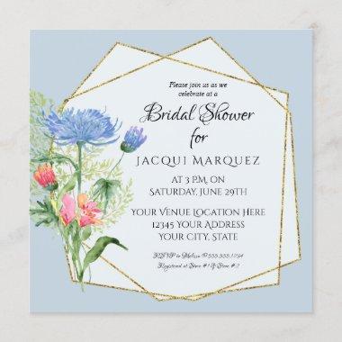 Bridal Shower Blush Pink n Dusty Blue Fern Floral Invitations