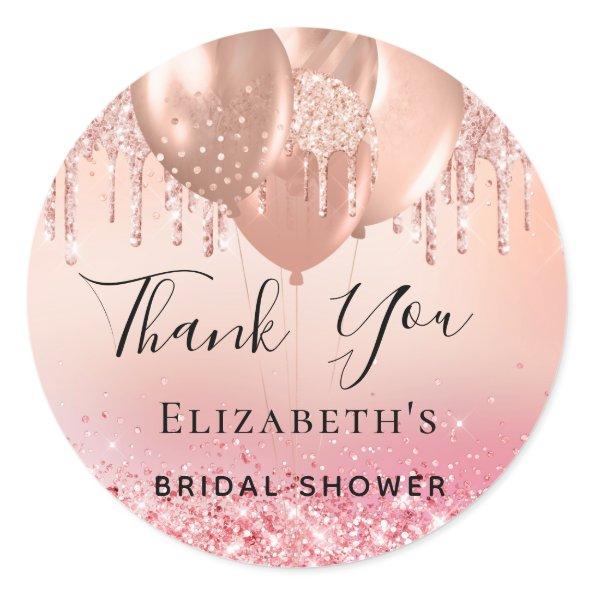 Bridal Shower blush pink rose gold glitter name Classic Round Sticker