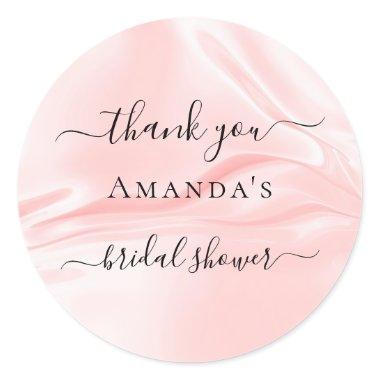 Bridal Shower blush pink silk satin name thank you Classic Round Sticker