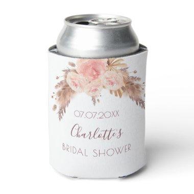 Bridal shower blush rose floral pampas grass name can cooler