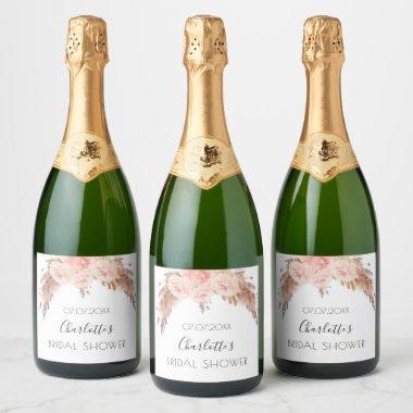 Bridal shower blush rose pampas grass floral name sparkling wine label