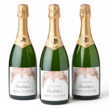 Bridal shower blush rose pampas grass floral name sparkling wine label