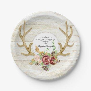 Boho Deer Antler Red Rose Watercolor Paper Plates
