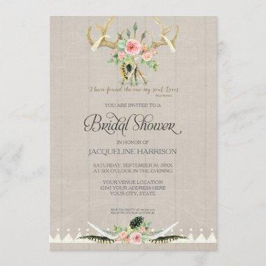 Bridal Shower BOHO Feathers Deer Antler Roses Art Invitations
