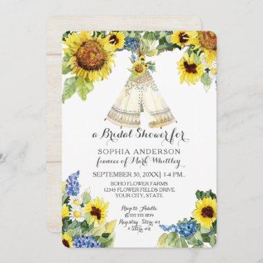 Bridal Shower BOHO Floral Teepee Sunflower Daisy Invitations