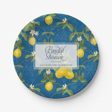 Bridal Shower BOHO Royal Blue Lemon Flower Citrus Paper Plates