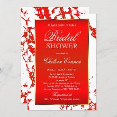 Bridal Shower - Bright Red Marble, White & Gold Invitations