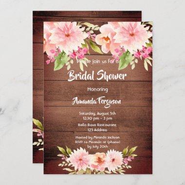 Bridal Shower Brown wood pink flowers rustic Invitations