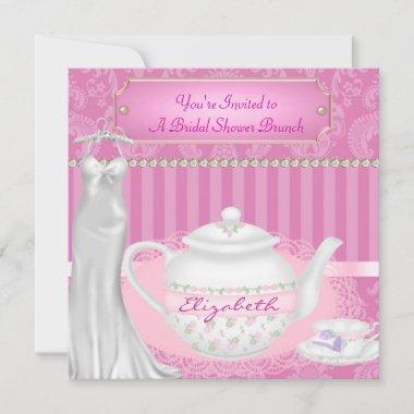 Bridal Shower Brunch Teapot & Teacup Damask Invitations