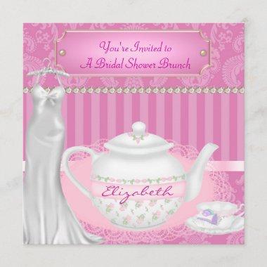 Bridal Shower Brunch Teapot & Teacup Damask Invitations