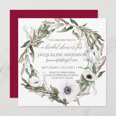 Bridal Shower Burgundy Anemone Olive Leaf Wreath Invitations